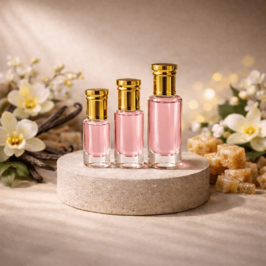 Jimmy’s Boo sweet fruity long-lasting perfume oil bottle by EMPRESSOILS on neutral luxury background