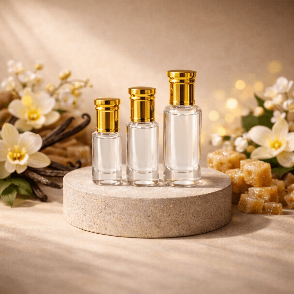 Excelsa Nights warm soft floral perfume oil bottle by EMPRESSOILS on neutral luxury background