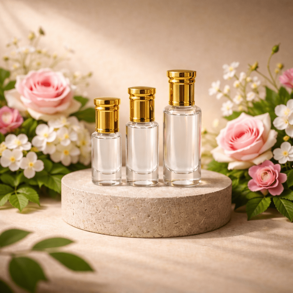 Cherie soft floral perfume oil bottle by EMPRESSOILS on neutral luxury background